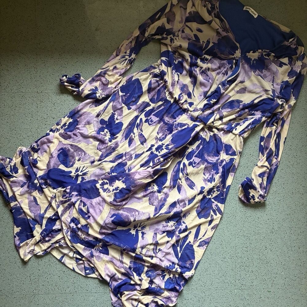 Garden Party Painted Floral Midi Dress Blue Purple Surplice Stretch Lined L